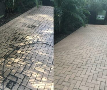 Brick driveway pressure washed