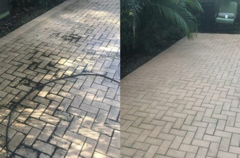 Brick driveway pressure washed