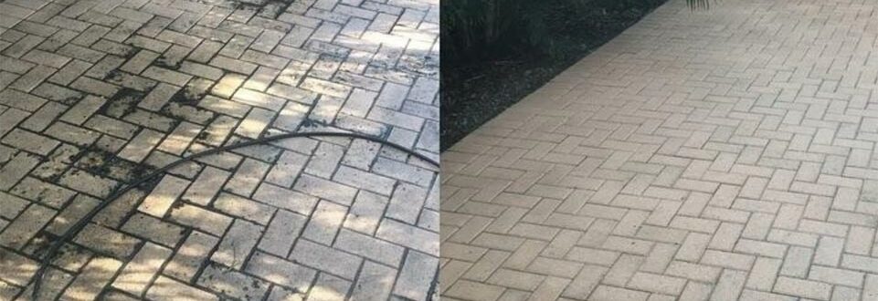 Brick driveway pressure washed